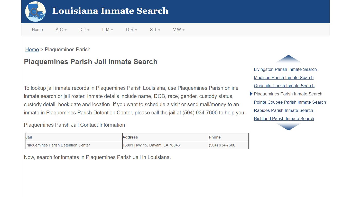 Plaquemines Parish LA Jail Inmate Search